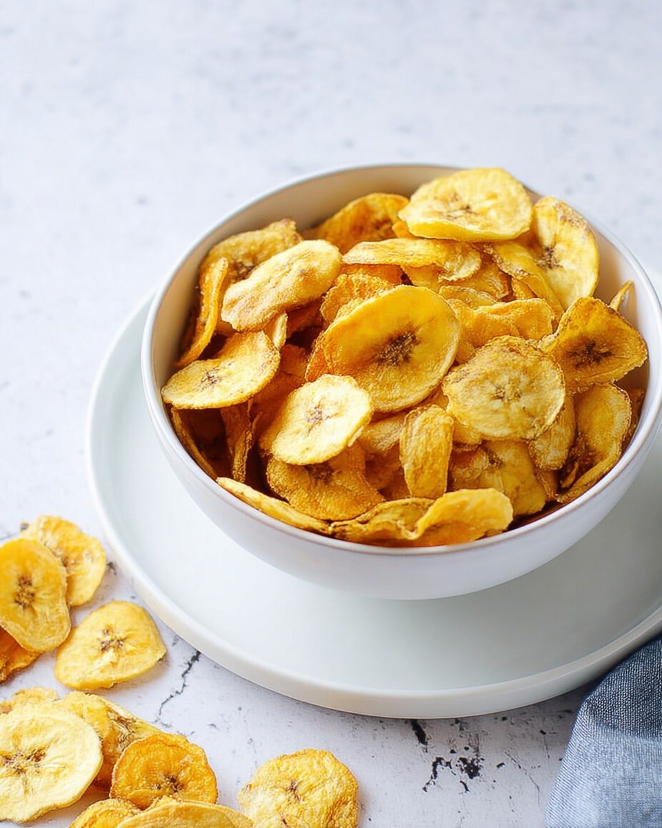A white bowl filled with many thin yellow plantain chips, some slightly curved and crispy, showing light brown spots on their surface. The bowl sits on a white plate with a few chips scattered around it. The background is a white marbled texture. Photo taken with an iphone --ar 4:5 --v 7