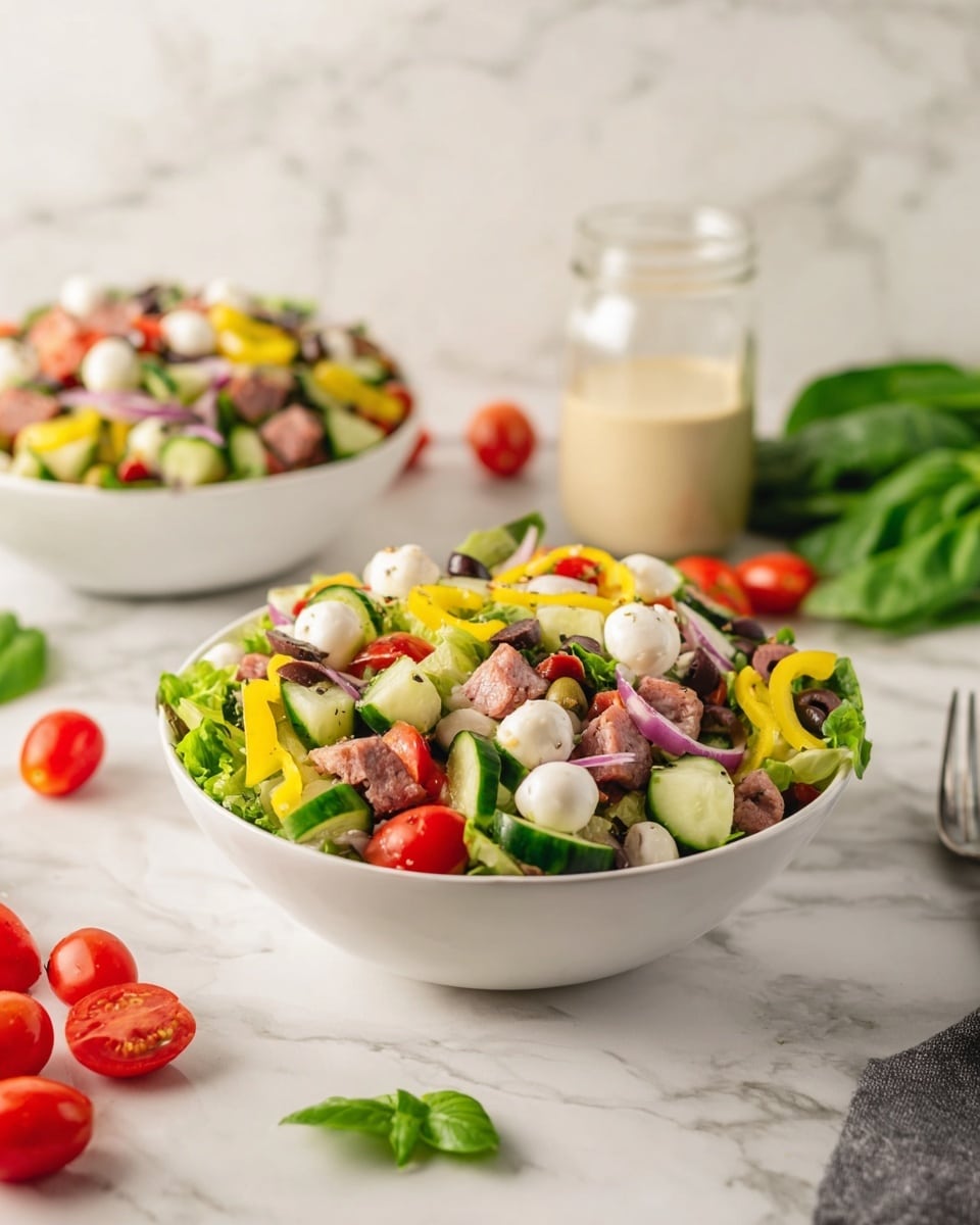 A white bowl filled with a colorful layered salad sits on a white marbled surface. The salad has a mix of bright green lettuce and cucumber slices at the base, topped with yellow pepper rings, halved red cherry tomatoes, small white mozzarella balls, chopped red onions, dark olives, and chunks of light brown cooked meat scattered evenly throughout. In the background, a similar bowl is slightly out of focus with the same salad, and a glass jar of creamy dressing is positioned between the two bowls. A green leafy vegetable and a few loose cherry tomatoes and basil leaves are scattered on the white marbled surface. photo taken with an iphone --ar 4:5 --v 7