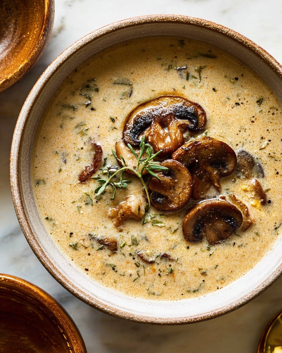 A white bowl filled with creamy, light beige soup that has a smooth texture with small specks of seasoning and herbs throughout. On top, there are several dark brown cooked mushroom slices, some round and some more irregular in shape, with a slight shine from the liquid. A small sprig of fresh green herbs lies gently on the mushrooms. The bowl sits on a white marbled surface, with part of another brown bowl visible at the top left and a smaller brown container at the bottom left. Photo taken with an iphone --ar 4:5 --v 7