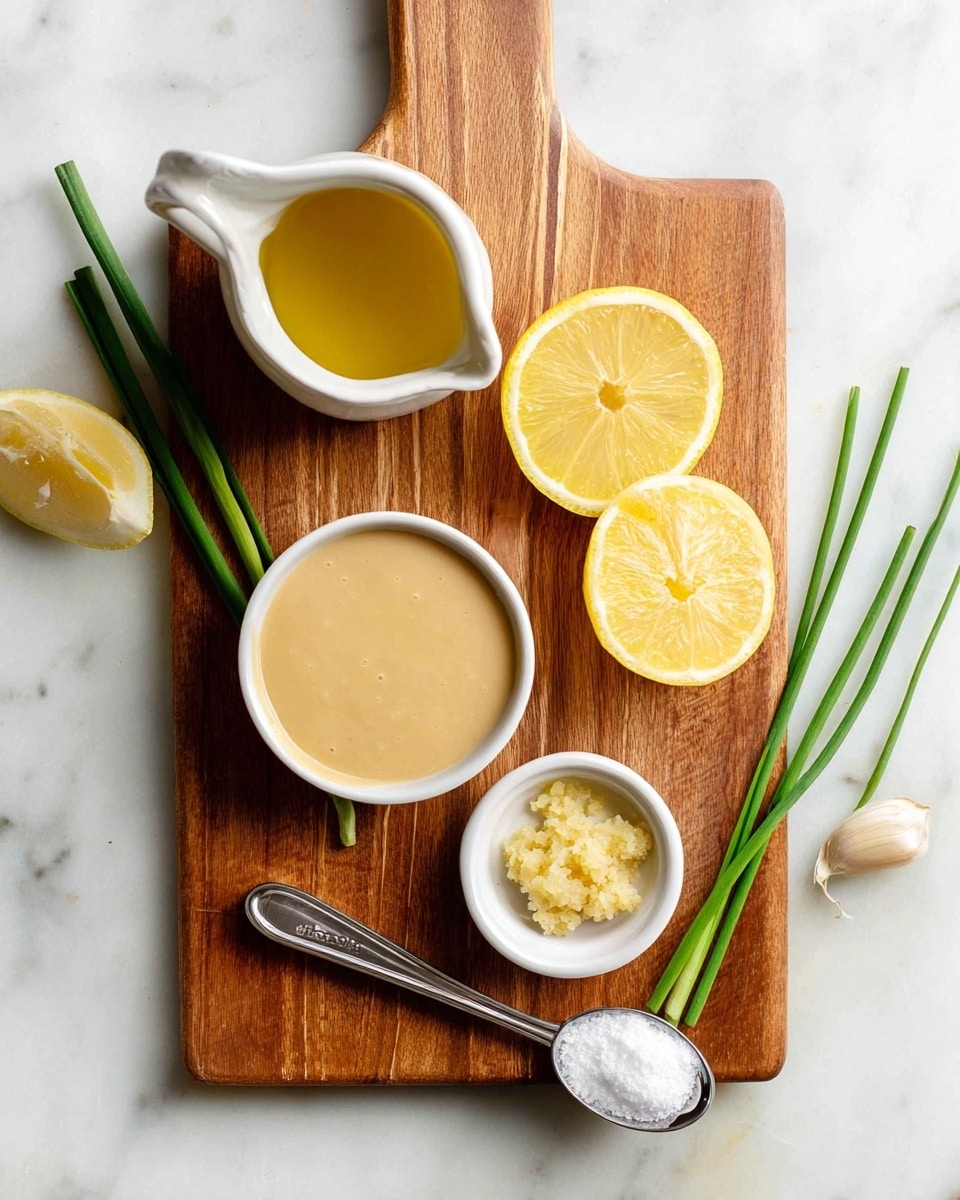 A wooden cutting board with a handle is set on a white marbled surface. On the board, there are two lemon halves, one placed near the top right and the other near the bottom left, both showing their bright yellow, juicy interior. Near the top left, a small white pitcher holds golden olive oil. Below the pitcher, a white bowl contains a creamy beige sauce, smooth in texture. Toward the bottom right, a small white ramekin is filled with finely minced garlic. Above it, a small clear glass bowl holds a beige dollop of mustard. A silver measuring spoon with white powder rests diagonally on the bottom right corner of the board, and several green chive stalks are scattered across the board, adding a touch of fresh green color. Photo taken with an iphone --ar 4:5 --v 7