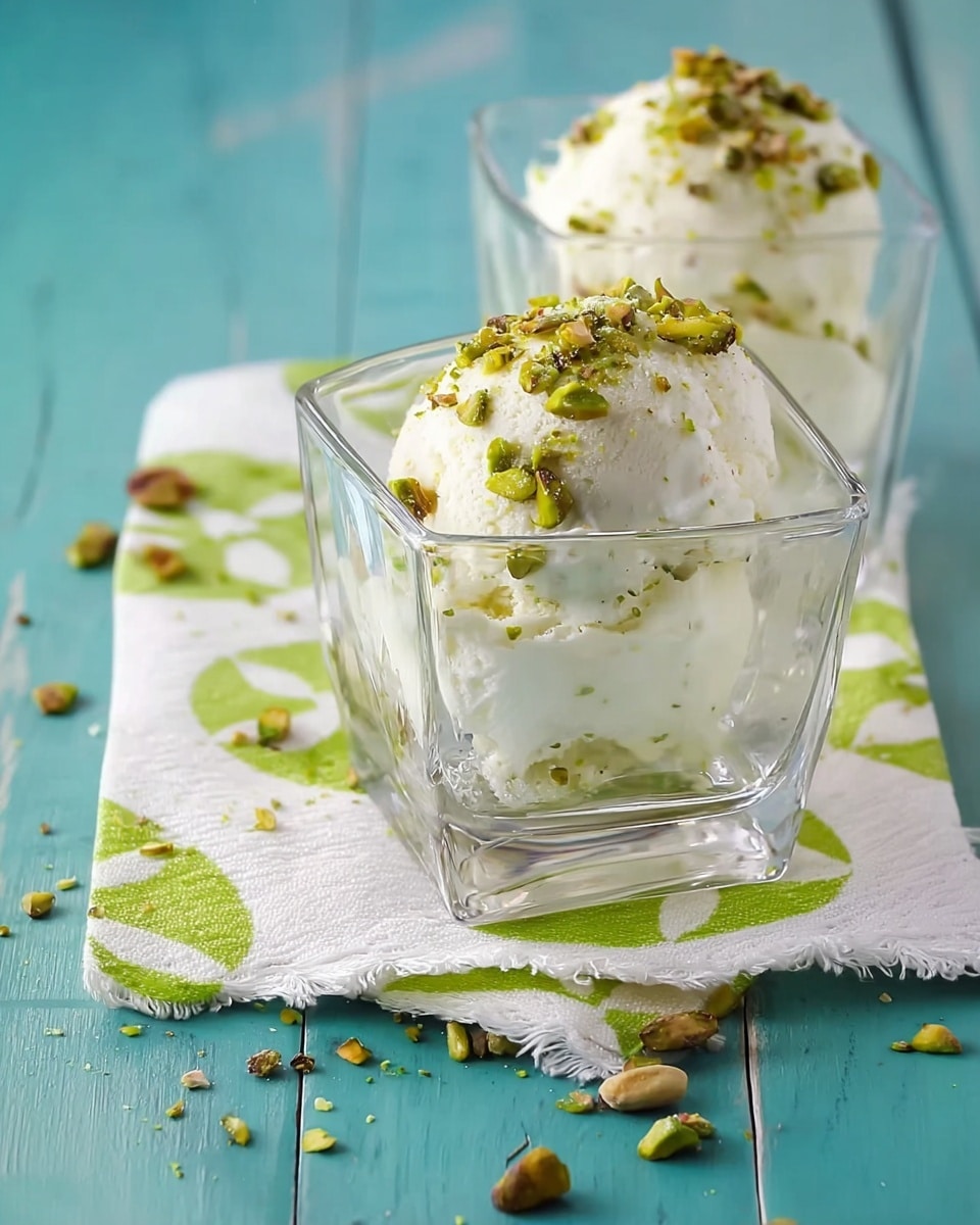 Two clear square glasses each have two scoops of white ice cream inside, topped with chopped green pistachio nuts sprinkled evenly over the top. The glasses sit on a white cloth with a large green circular pattern, all placed on a teal-blue wooden surface. Scattered pieces of pistachio nuts are visible around the glasses, and the background is softly blurred with a light teal color. The overall look is fresh and simple with a cool tone, photo taken with an iphone --ar 4:5 --v 7