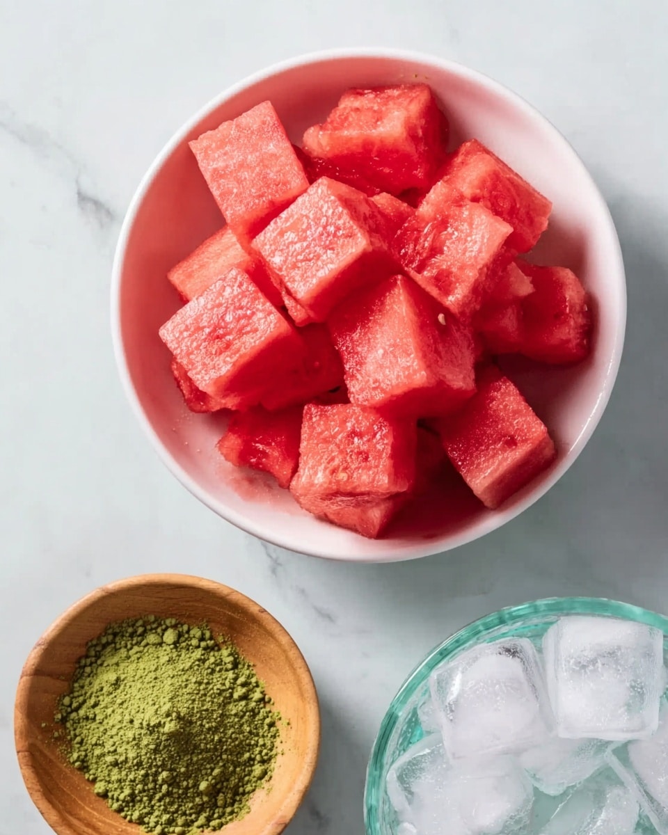 A white bowl filled with bright red watermelon cubes stacked loosely, showing their juicy and soft texture, placed on a white marbled surface. To the left of the bowl, there is a small wooden bowl containing finely ground green powder with a rough texture. The top right corner shows part of a transparent glass bowl with smooth ice cubes inside, creating a fresh and cool look. photo taken with an iphone --ar 4:5 --v 7