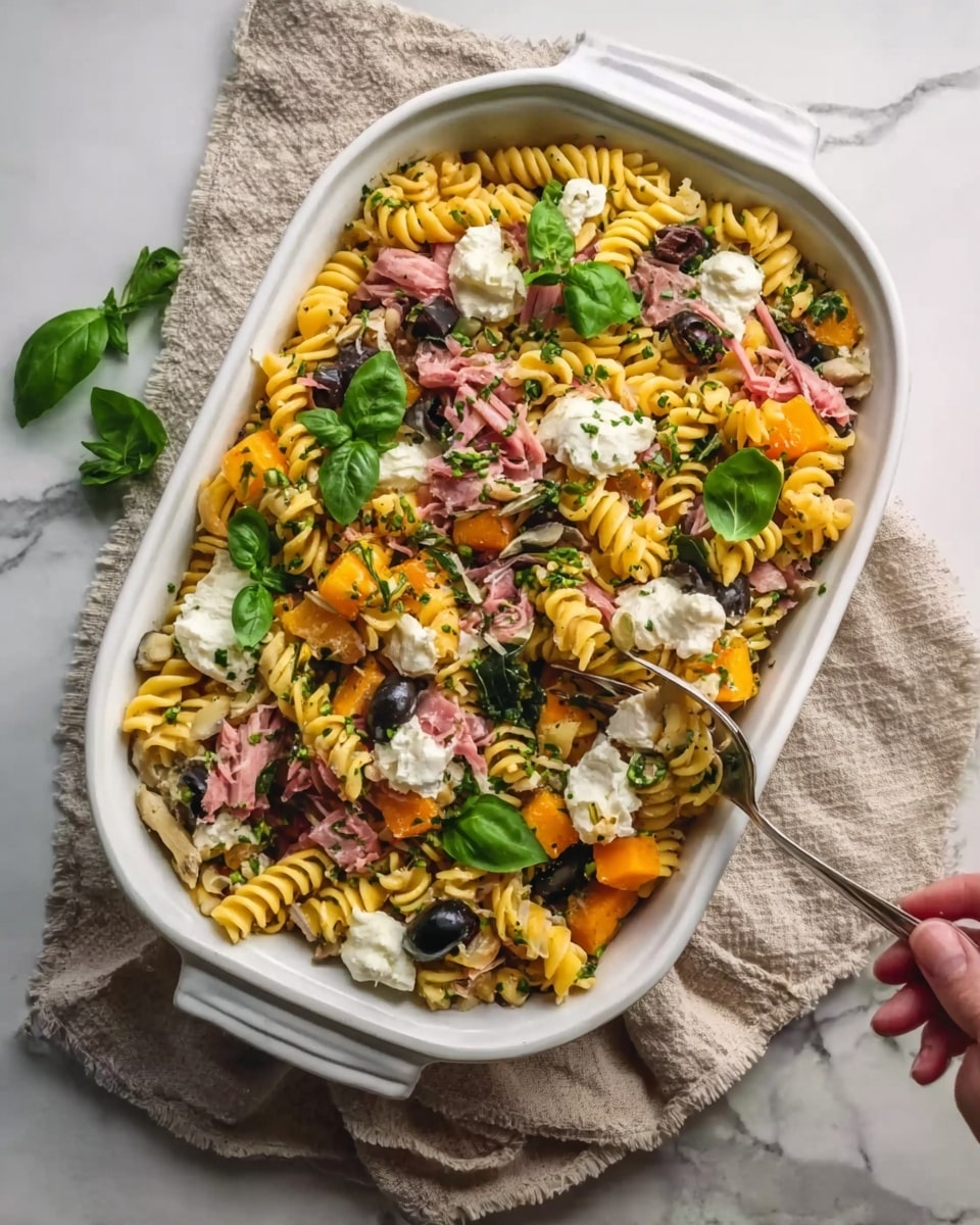 A white oval dish holds a colorful pasta salad with about four layers of ingredients. The base layer is yellow spiral pasta, spread evenly. Scattered on top are light pink strips of meat, bright orange pieces of roasted squash or pumpkin, and black olive slices. There are dollops of soft white cheese placed in different spots, and vibrant green fresh basil leaves are spread across the dish. The salad is garnished with small chopped herbs sprinkled all over. The dish is set on a white marbled surface with a beige cloth underneath. A white serving spoon and fork are placed next to the dish, with a woman's hand just about to grab the fork. Photo taken with an iphone --ar 4:5 --v 7