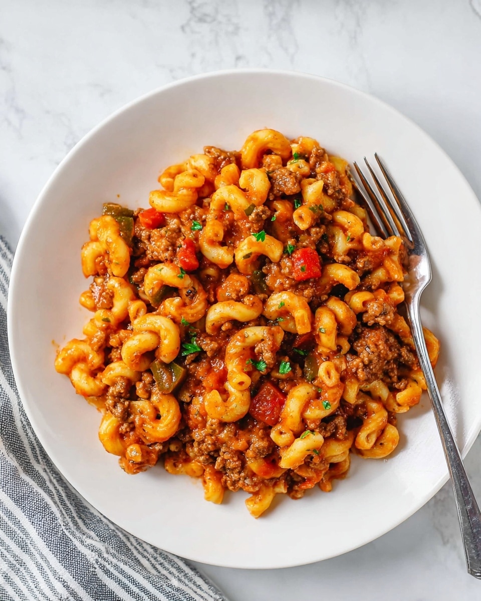 A white plate filled with a mixed layer of cooked elbow macaroni pasta and ground beef in a thick orange-red sauce, with visible small green parsley pieces scattered on top. The pasta curls and blends with chunky bits of browned meat and small diced vegetables like tomatoes and green peppers, all coated in the sauce that adds a glossy texture. A silver fork rests on the right side of the plate, with the plate sitting on a white marbled surface and a part of a striped cloth visible at the lower left corner. photo taken with an iphone --ar 4:5 --v 7