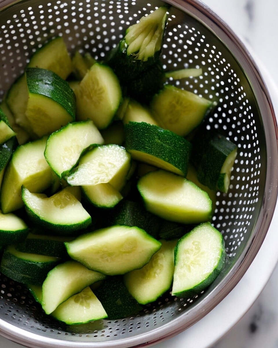 A close-up view of many cucumber pieces in a silver metal colander with small holes, resting inside a white bowl; the cucumber pieces are uneven quarter slices showing dark green skin and light green, watery inside with seeds visible, all situated on a white marbled surface photo taken with an iphone --ar 4:5 --v 7