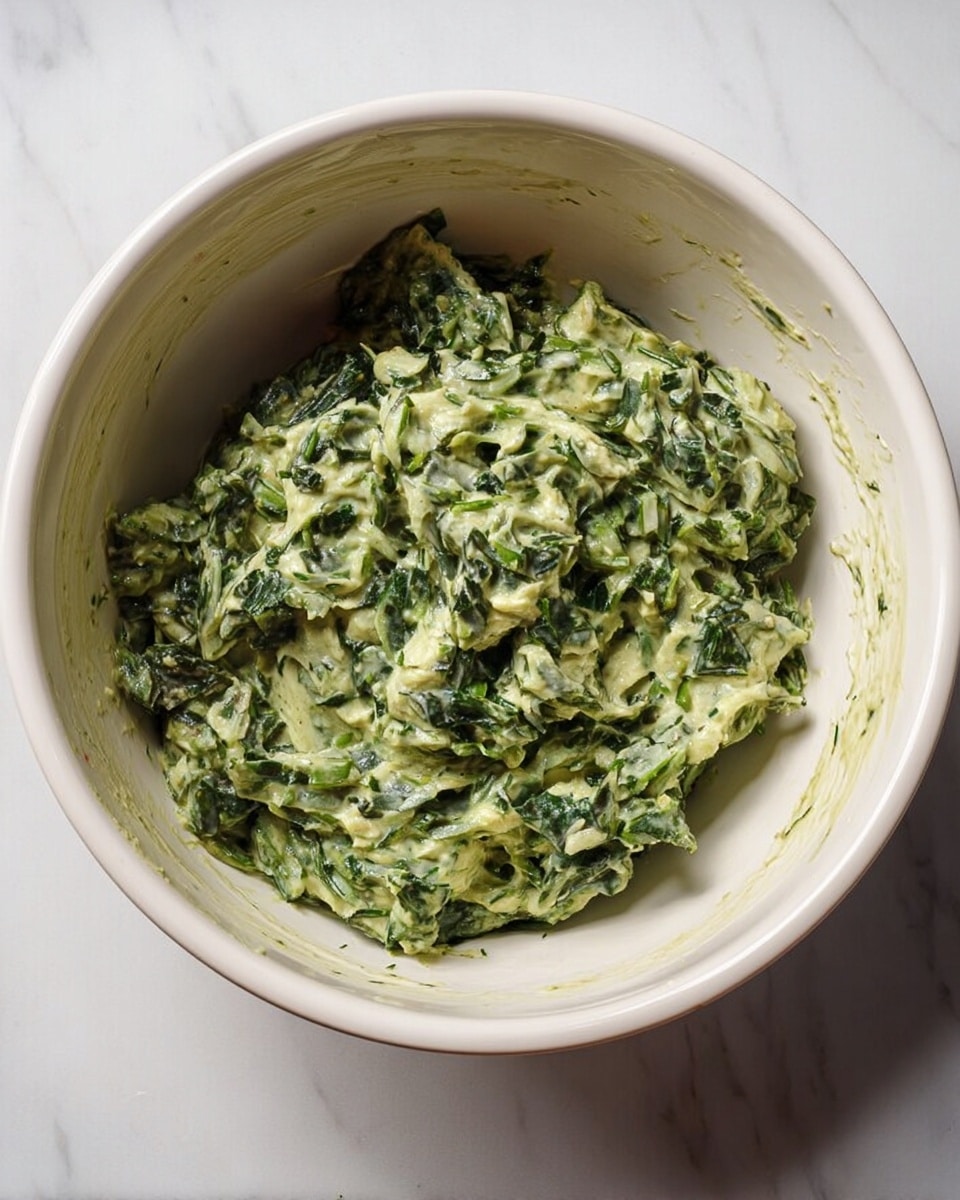 A white ceramic bowl sits on a white marbled surface, filled with a thick green mixture. The mixture contains finely chopped dark green leafy herbs and lighter green pieces, all coated in a creamy, pale yellow sauce. Bits of herbs stick to the sides of the bowl, showing the mixture’s texture, which is slightly chunky and moist. The bowl has some small stains on its rim, adding to the natural, home-prepared feel. photo taken with an iphone --ar 4:5 --v 7
