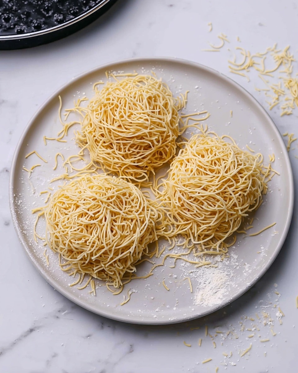 The image shows a white plate with three small round nests of uncooked yellow noodles placed evenly on it. Each nest is made up of thin, tangled strands with a slightly rough texture, creating a fluffy, loose pile that looks soft yet firm. The plate sits on a white marbled surface with some scattered noodle pieces and light flour dust around it. Photo taken with an iphone --ar 4:5 --v 7