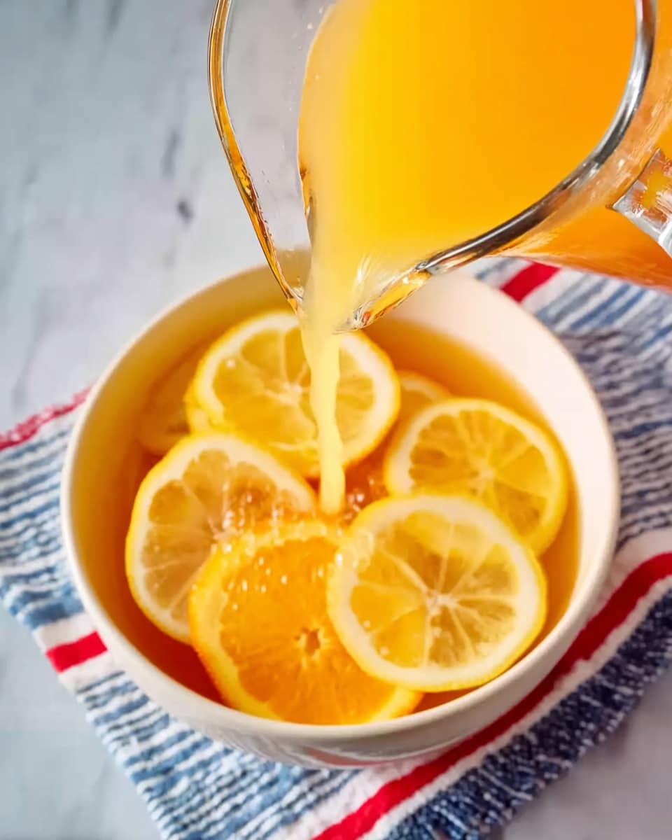 The image shows a close-up of bright orange juice being poured from a clear glass container into a white bowl filled with several lemon and orange slices. The lemon and orange slices are arranged at the bottom of the bowl, with their yellow and orange colors visible through the liquid. The background features a white marbled surface partially covered by a blue and white striped cloth with red edges. Photo taken with an iphone --ar 4:5 --v 7
