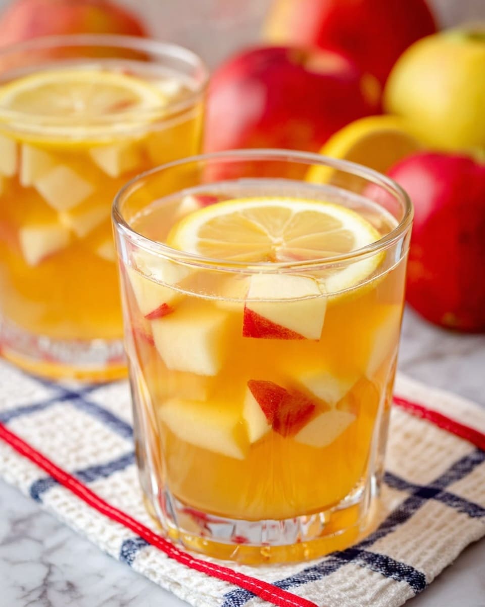 There are two clear glasses filled with a light orange drink, each glass having floating fruit pieces: a thin lemon slice and small white cubes of apple with red skin on one side. The glasses are placed on a white and blue checkered cloth with red edges, and in the background, there are three whole apples with red and yellow skin on a white marbled texture. Photo taken with an iphone --ar 4:5 --v 7