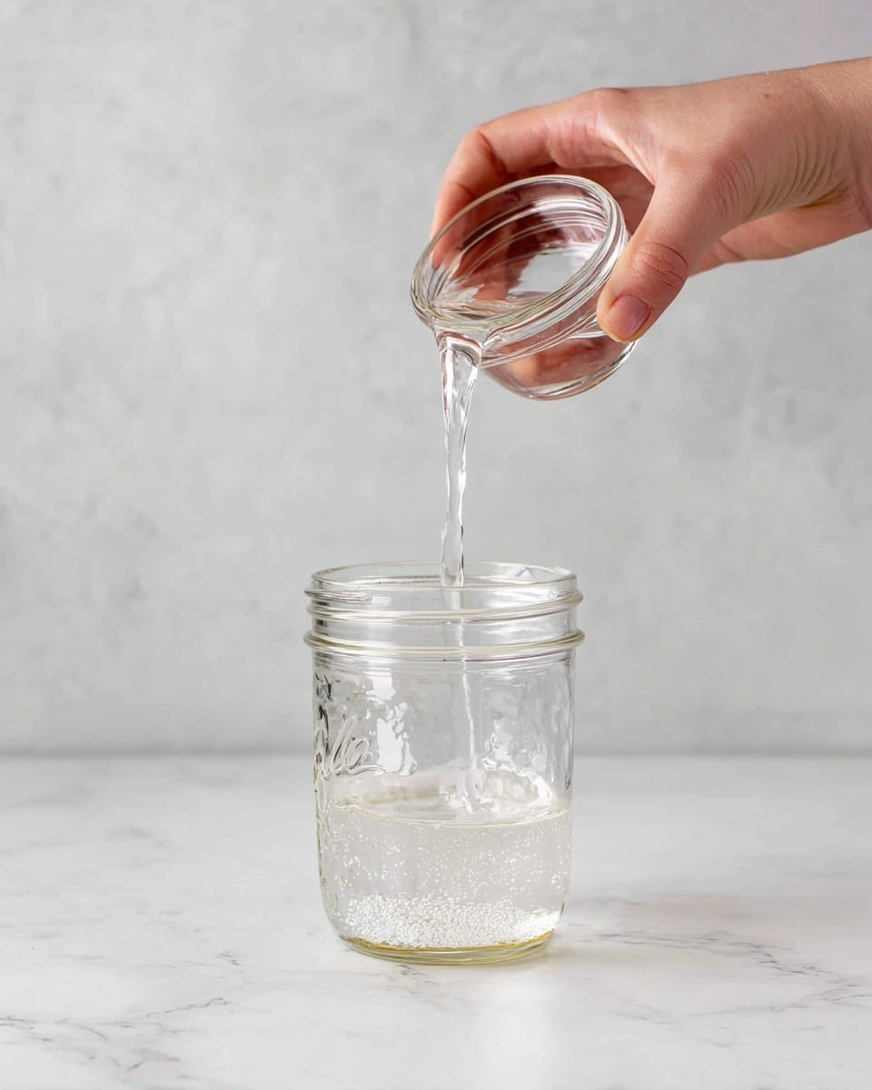 A clear liquid is pouring from a small glass cup held by a woman's hand at the top left of the image. The liquid flows in a thin stream into a clear glass jar positioned at the center bottom. The jar shows some water already inside, with small bubbles visible. The background and surface are a white marbled texture, giving a clean and simple look. Photo taken with an iphone --ar 4:5 --v 7
