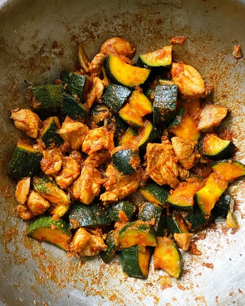 The image shows a metal pan with cooked food inside. The dish has uneven chunks of dark green-skinned squash with bright orange soft inside, mixed with pieces of cooked chicken coated in a reddish-brown sauce. The chicken pieces are scattered evenly among the squash, and the sauce sticks to the sides of the pan, giving it a textured look. The pan's surface looks worn and slightly shiny from cooking. The colors mainly are dark green, orange, and light brown. Photo taken with an iphone --ar 4:5 --v 7