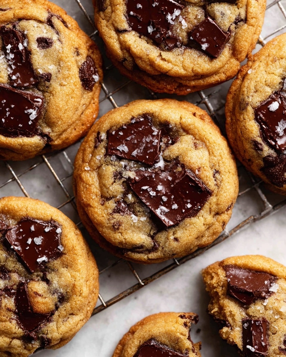 A close-up view of a group of soft chocolate chip cookies on a metal wire rack placed on a white marbled surface. Each cookie shows a thick golden brown base layer with a slightly cracked texture, topped irregularly with large, melted dark chocolate chunks spread across the surface. Small flakes of coarse salt are sprinkled on top of the chocolate pieces, adding texture and contrast. One cookie in the bottom right corner is partially broken, revealing the warm, soft inside with more chocolate chunks. The overall warm tones of the cookies contrast with the cool silver of the rack and the light marbled surface photo taken with an iphone --ar 4:5 --v 7