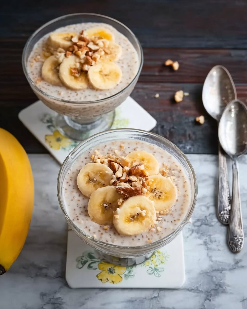 The image shows two clear glass bowls filled with a creamy, light beige pudding dotted with small brown specks. Each bowl is decorated with several banana slices arranged on top, covered with chopped light brown nuts. Two silver spoons are placed next to the bowls on square white coasters with green floral patterns. The bowls and spoons rest on a dark wooden surface, but the background is changed to a white marbled texture. A few yellow bananas are partially visible in the bottom left corner. photo taken with an iphone --ar 4:5 --v 7