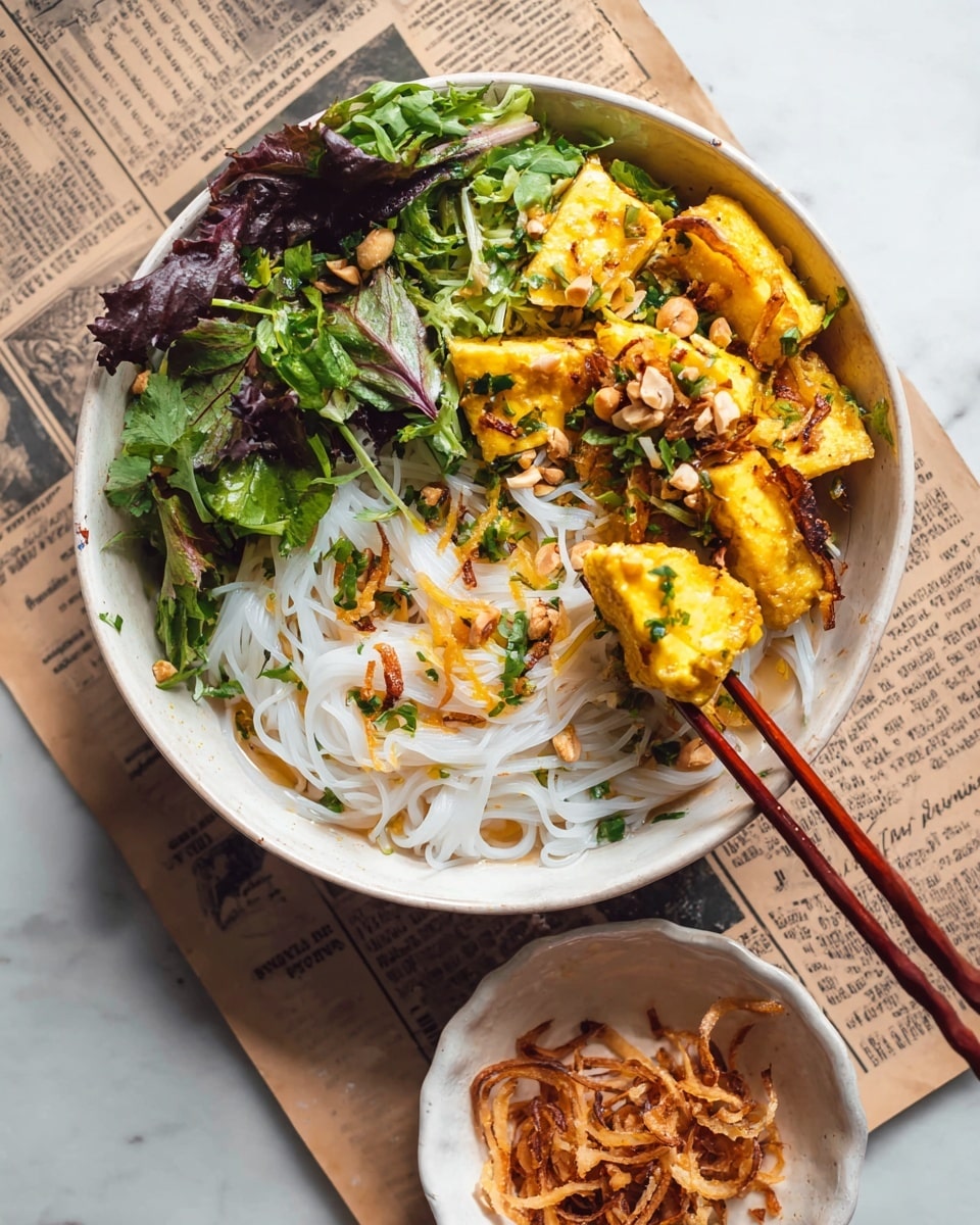 A white bowl filled with a base layer of thin white rice noodles that look soft and slightly tangled. On one side inside the bowl, there is a fresh mix of green and purple leafy herbs, showing a lively contrast. On top of the noodles, there are golden-yellow pieces of cooked food, possibly marinated tofu or similar, sprinkled with small bits of chopped nuts and thin, crispy fried onions. Dark orange chopsticks hold a piece of the yellow food. Next to the bowl, there is a small white bowl with extra crispy fried onions. The setting is on a white marbled surface with some newspaper pages underneath the bowl. photo taken with an iphone --ar 4:5 --v 7