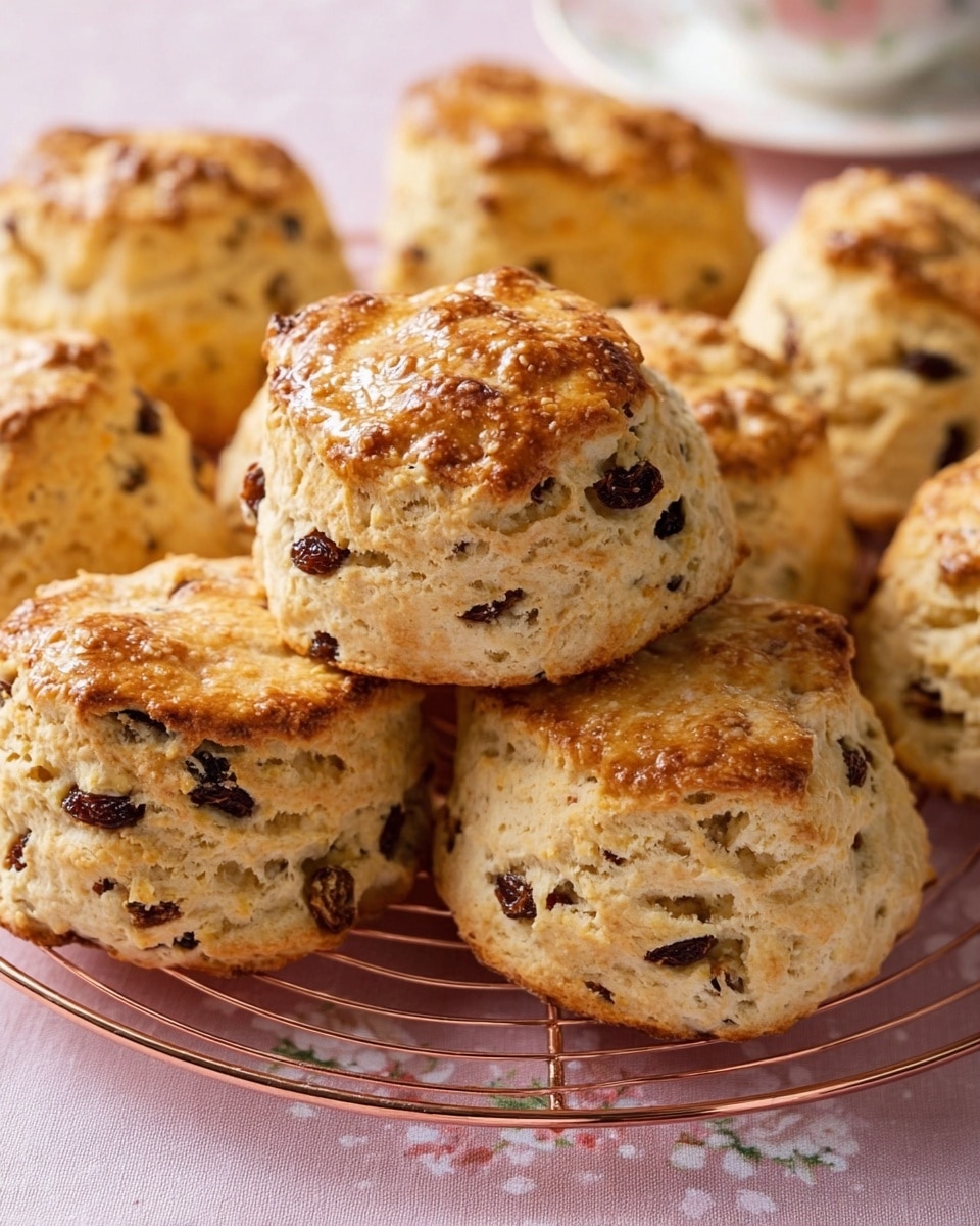 The image shows a close-up of several golden-brown scones with a slightly rough and crumbly texture, each studded with small dark dried fruit pieces evenly spread throughout the dough. The scones are arranged on a copper-colored wire rack sitting on a pale pink tablecloth with a subtle floral pattern, and the tops of the scones have a shiny, slightly crisp finish. The overall color scheme is warm, with the light beige and golden tones of the scones contrasting with the dark spots of fruit and the soft background. photo taken with an iphone --ar 4:5 --v 7