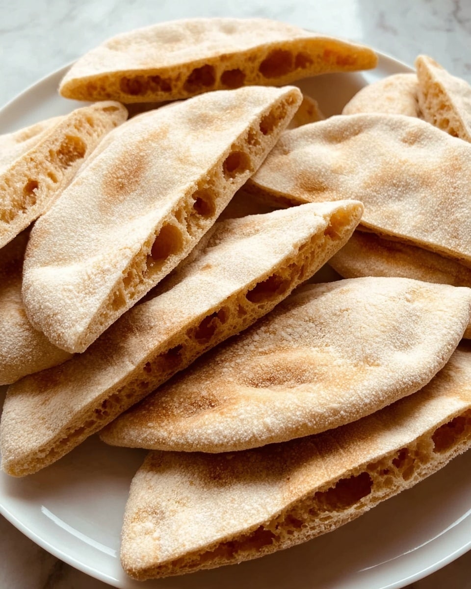 The image shows several pieces of light brown pita bread cut in halves and arranged closely together on a white plate. Each pita half has a slightly rough texture with small holes inside, revealing its soft and airy interior. The edges of the bread are rounded and the bread's outer surface is smooth with faint cracks. The plate is placed on a white marbled surface that softly reflects light, giving a clean, simple look to the scene. photo taken with an iphone --ar 4:5 --v 7