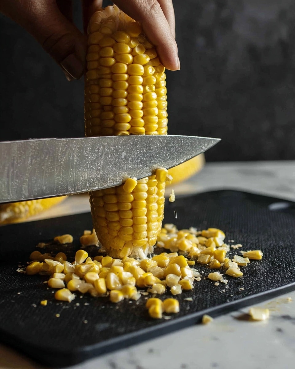 A close-up of a woman's hand holding a sharp knife slicing yellow corn kernels off a fresh cob that is held vertically over a black cutting board. The corn kernels are falling loosely onto the cutting board in a scattered pattern. The background has a soft focus with dark, subtle tones, and the surface is a white marbled texture. Photo taken with an iphone --ar 4:5 --v 7