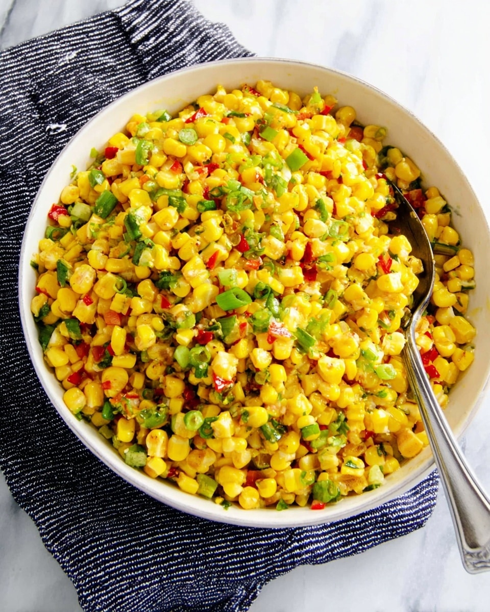 A large white bowl filled with a bright yellow corn salad that has small green and red pieces mixed in throughout. The salad looks fresh and colorful with yellow corn kernels forming the main layer, scattered with chopped green onions and diced red and green peppers. A metal spoon is placed inside the bowl on the right side. The bowl rests on a dark striped cloth that is on top of a white marbled surface. The lighting is bright, making the colors pop. photo taken with an iphone --ar 4:5 --v 7