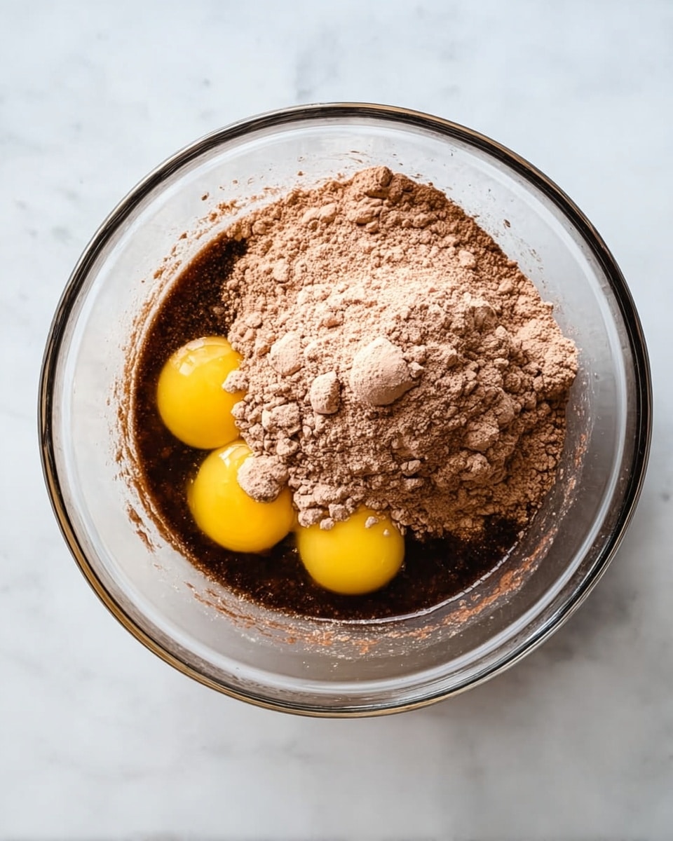 A clear glass bowl sits on a white marbled surface, filled with layers of baking ingredients. At the bottom, there is a dark brown wet layer, likely a liquid mix, with three bright yellow eggs sitting on top. Covering the eggs is a generous mound of light brown powder, possibly cocoa or flour mix, spread unevenly. The textures vary from smooth and shiny liquid to dry and crumbly powder, all contained neatly within the transparent bowl. photo taken with an iphone --ar 4:5 --v 7
