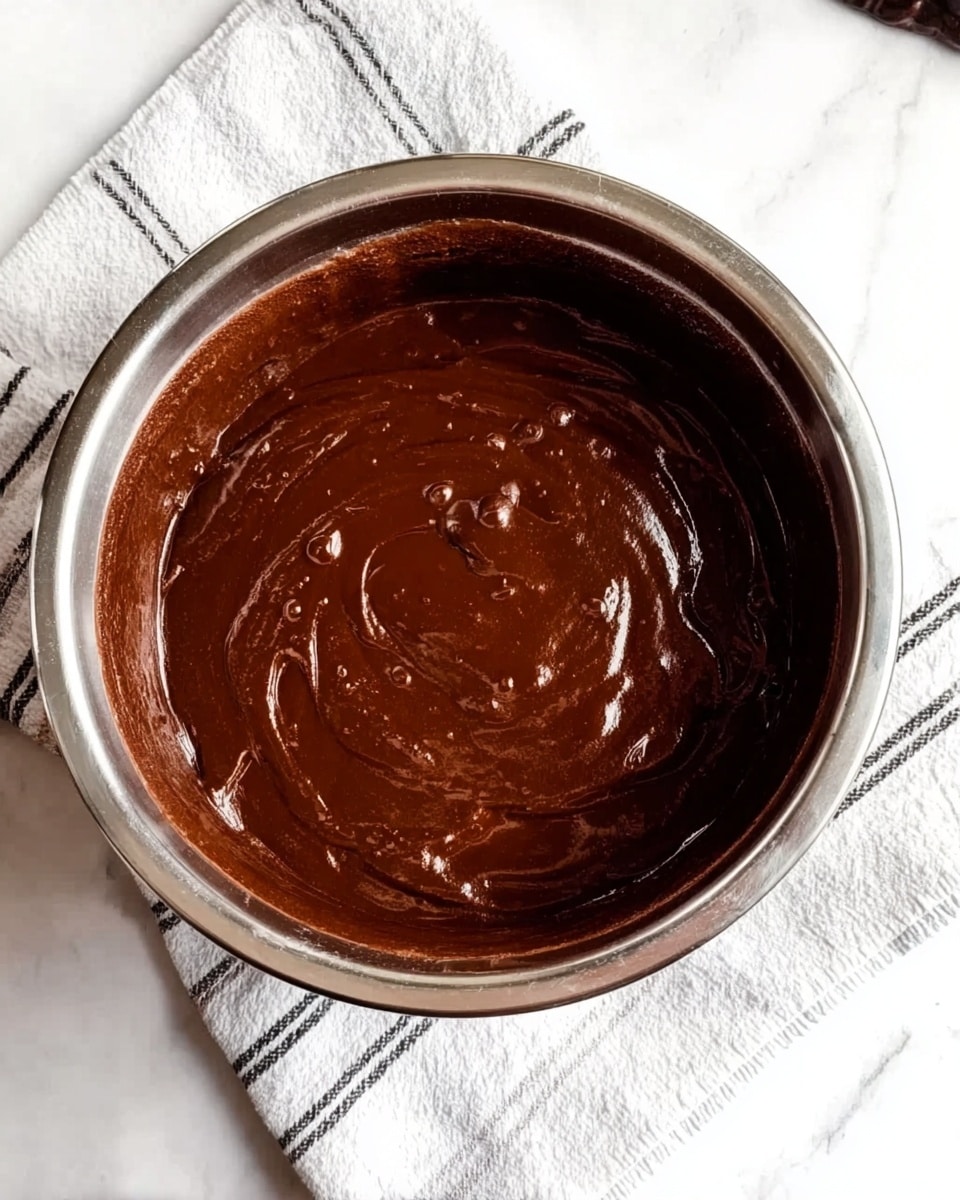 The image shows a shiny metal bowl filled with thick, dark brown chocolate batter that has a smooth and slightly glossy texture with some visible swirls and air bubbles on the surface. The bowl is placed on a white marbled surface with faint gray veins, and underneath the bowl, there is a white cloth with thin black stripes. Photo taken with an iphone --ar 4:5 --v 7