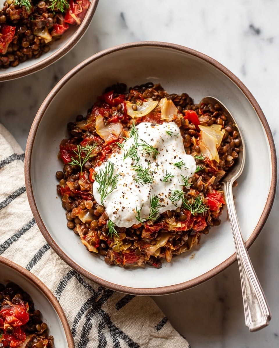 A white bowl with a brown rim holds a mix of small dark lentils and diced red tomatoes, layered with light beige cooked cabbage pieces. On top, there is a dollop of thick white cream sprinkled with black pepper and fresh green dill sprigs. A silver spoon is resting inside the bowl with some of the dish scooped onto it. The bowl sits on a white marbled surface next to a beige cloth with black stripes. Part of another bowl with the same dish is visible next to it photo taken with an iphone --ar 4:5 --v 7