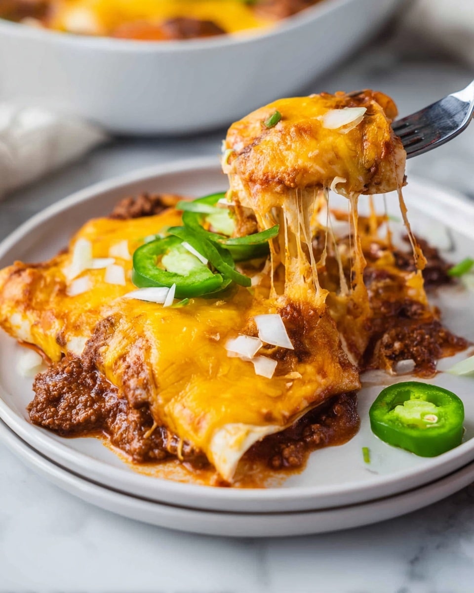 A white plate with a single serving of layered enchiladas sits on a white marbled surface. The enchilada has two layers of soft tortillas visible under a thick layer of melted orange cheddar and white cheeses mixed evenly, with a rich, dark brown meat sauce beneath. Small pieces of chopped white onion are scattered both on top and around the edges of the enchilada. Three slices of fresh green jalapeño pepper, one on top and two on the plate, add a pop of bright green color. A fork lifts a cheesy, saucy bite from the enchilada, showing the thick cheese stretching in strands from the plate. The photo taken with an iphone --ar 4:5 --v 7