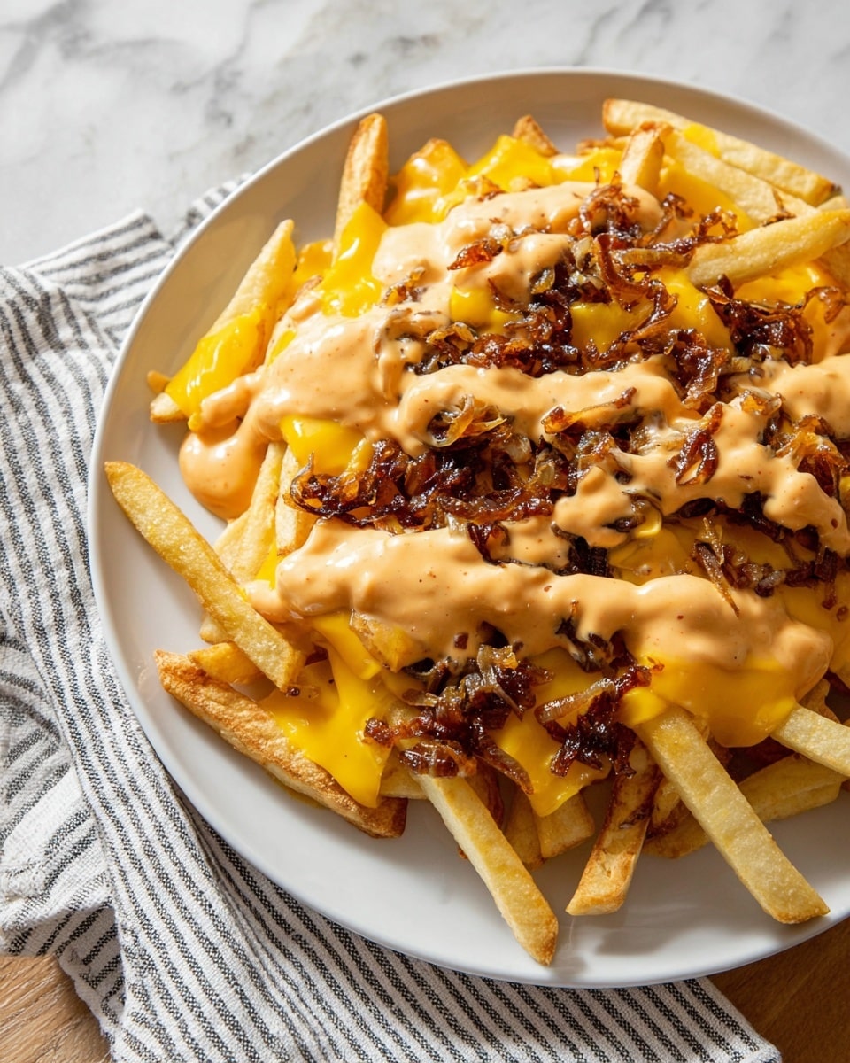 A white plate filled with a base layer of golden French fries, topped with melted bright yellow cheese slices spread unevenly. Over the cheese, there is a layer of dark brown, slightly crispy cooked onions scattered on top. The entire dish is generously covered with a thick, creamy light orange sauce, drizzled in lines across the fries and onions. The plate sits on a cloth with beige stripes, against a white marbled surface. photo taken with an iphone --ar 4:5 --v 7