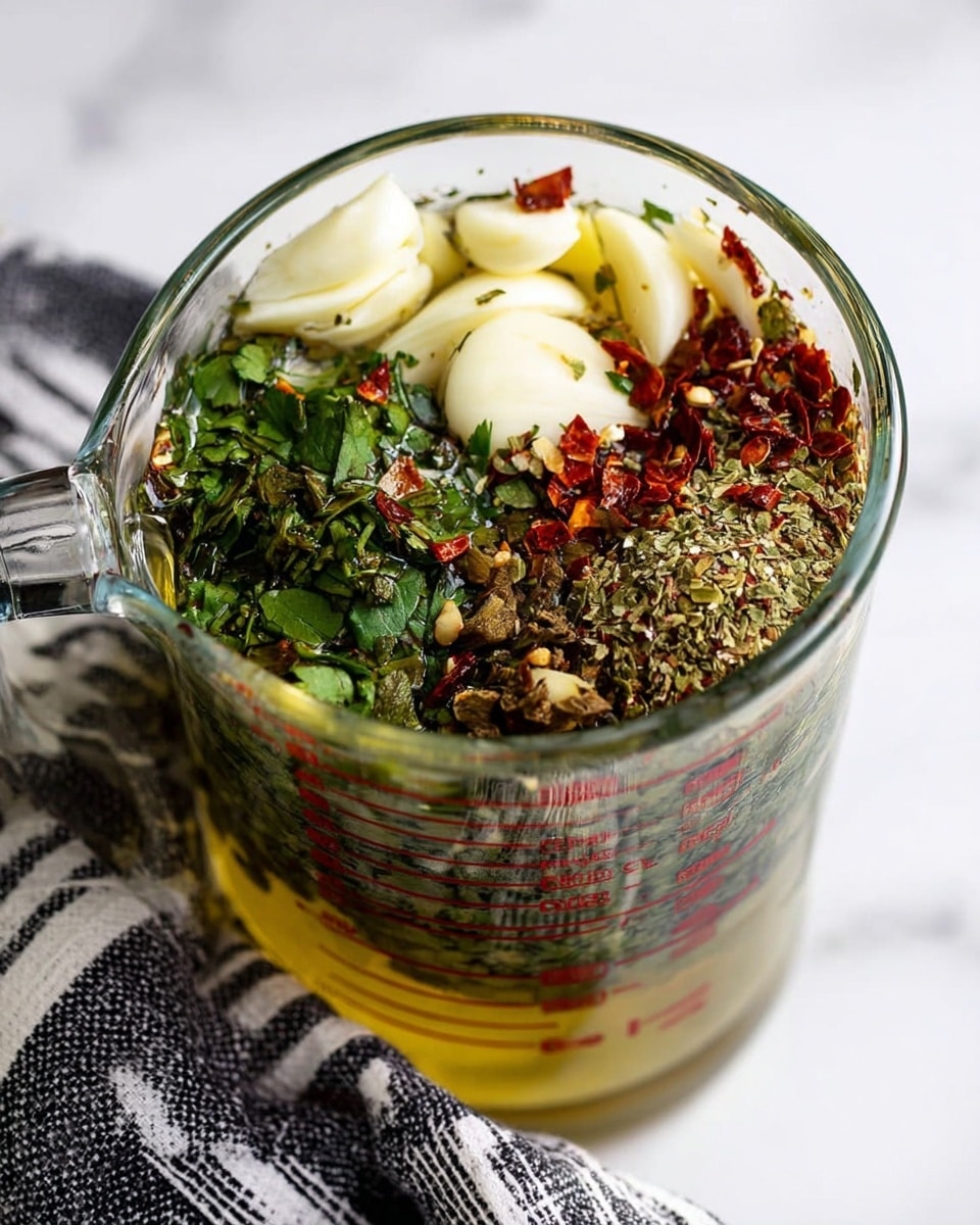 The image shows a clear glass measuring cup filled with layers of ingredients. At the bottom is a layer of light golden liquid oil. On top, different sections form a colorful pattern: on the left are thick slices of white garlic, next to it is a dark green bunch of chopped fresh herbs, to the right are dried red chili flakes, and above that is a mix of green and brown dried herbs. The measuring cup is placed on a white marbled surface with a black and white striped cloth beside it. photo taken with an iphone --ar 4:5 --v 7