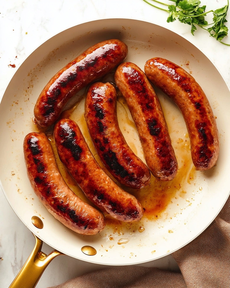 Eight browned sausages with shiny, slightly oily skins are spread out in a white pan with a golden handle. The sausages have darker grill marks along their length, showing a mix of medium to dark brown tones, with some small black charred spots. The white pan sits on a white marbled surface, and some droplets of oil and grease can be seen around the sausages. A small bunch of green leafy herbs is partly visible in the upper right corner, and a soft brown cloth is tucked under the pan on the lower left side. photo taken with an iphone --ar 4:5 --v 7