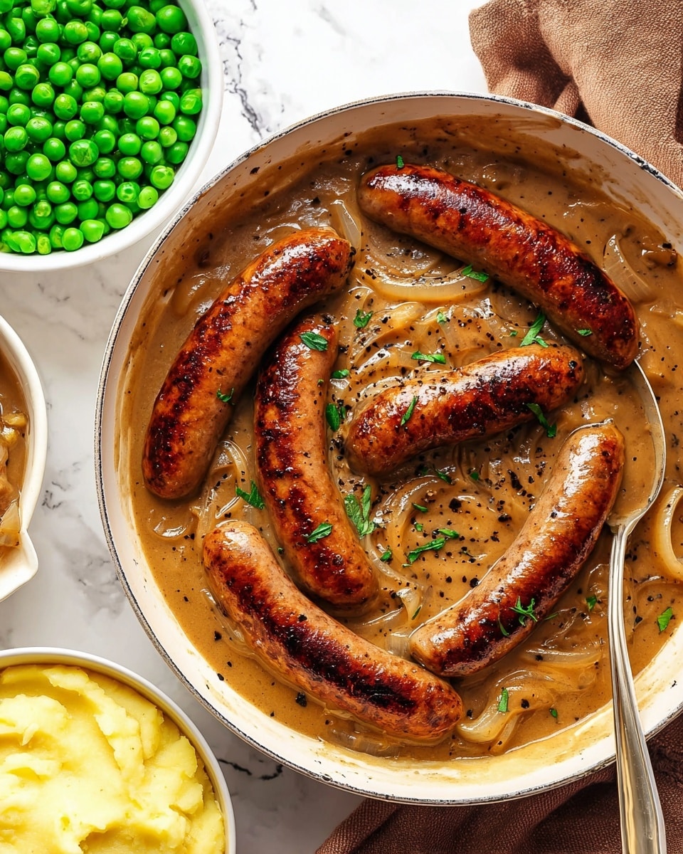 A white pan filled with six browned sausages placed on top of a thick, light brown sauce with visible onion slices and black pepper specks, garnished with small green herb pieces. A silver spoon rests in the sauce near the center. To the left, a white bowl holds bright green peas, and below that, another white bowl contains smooth, creamy yellow mashed potatoes. The scene is set on a white marbled surface with a soft brown cloth near the pan's handle. photo taken with an iphone --ar 4:5 --v 7