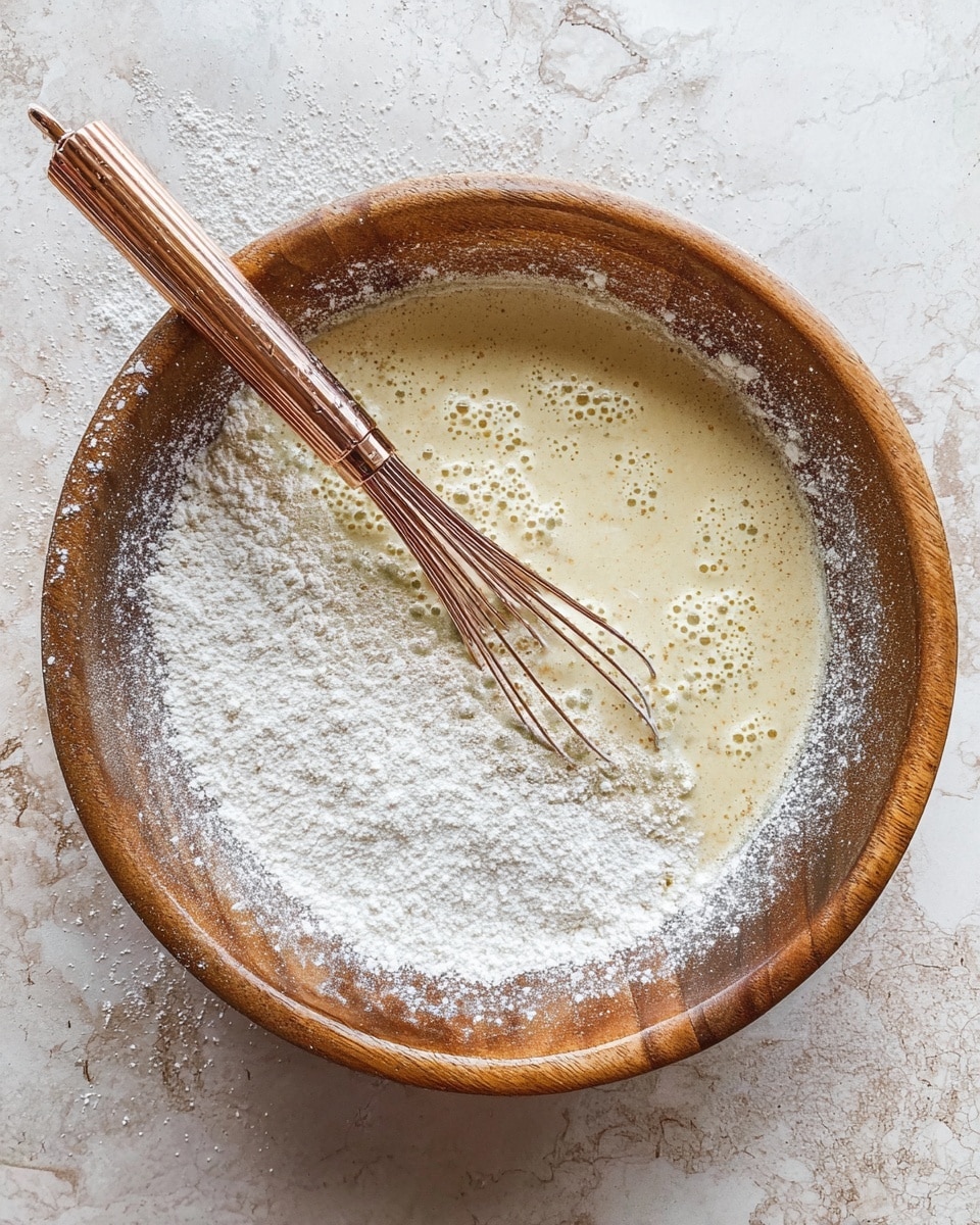 A wooden bowl filled with pale yellow batter with bubbles on the surface, partially covered by a layer of white powdered ingredient that is being mixed in with a metal whisk with a rose gold handle resting inside the bowl. The bowl is placed on a white marbled textured surface with some scattered powdered ingredient around it. photo taken with an iphone --ar 4:5 --v 7
