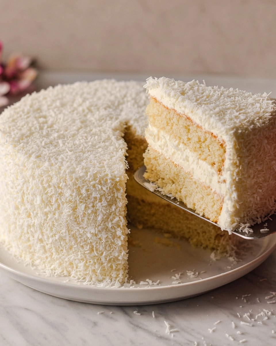 The image shows a round, two-layer cake covered all over with a white textured coating that looks like shredded coconut or fine sprinkles. The cake layers inside are light golden yellow with a creamy white filling in between. A slice is being lifted out with a cake server, revealing the soft and moist cake layers. The cake is placed on a white plate with a slight rim and set against a white marbled surface. Photo taken with an iphone --ar 4:5 --v 7