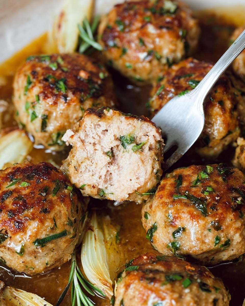 The image shows several round meatballs cooked in a wet sauce, placed on a white marbled surface. Each meatball is golden brown with a textured, slightly crispy outer layer covered in small bits of green herbs. One meatball is held close to the camera with a silver fork, showing a soft, light pink inside. Around the meatballs, there are pieces of roasted garlic and sprigs of fresh rosemary visible, all sitting in a rich, brown sauce that looks glossy and moist. The colors blend warm browns with fresh greens, creating a homemade, savory look. Photo taken with an iphone --ar 4:5 --v 7