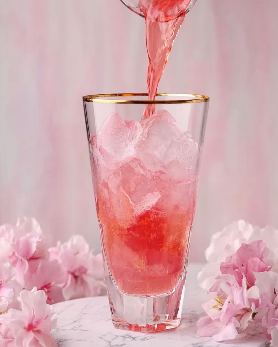 A clear tall glass with a gold rim is filled with large ice cubes, and a bright pink liquid is being slowly poured into it, mixing with the ice and creating a refreshing look. The glass is set on a white marbled surface with soft pink flowers scattered around it, adding a delicate touch to the scene. The background is a light soft pink with vertical lines, giving a gentle and clean feel. Photo taken with an iphone --ar 4:5 --v 7