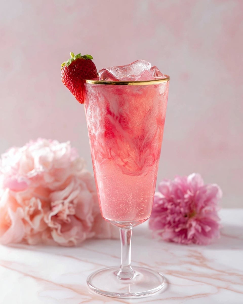 A clear tall glass with a gold rim holds a pink swirled drink with a shiny, soft texture that looks like it is sparkling inside. The drink is topped with ice cubes near the rim, and a strawberry decorates the edge of the glass. The glass has a long stem and sits against a background with soft pink flowers and a white marbled surface. Photo taken with an iphone --ar 4:5 --v 7