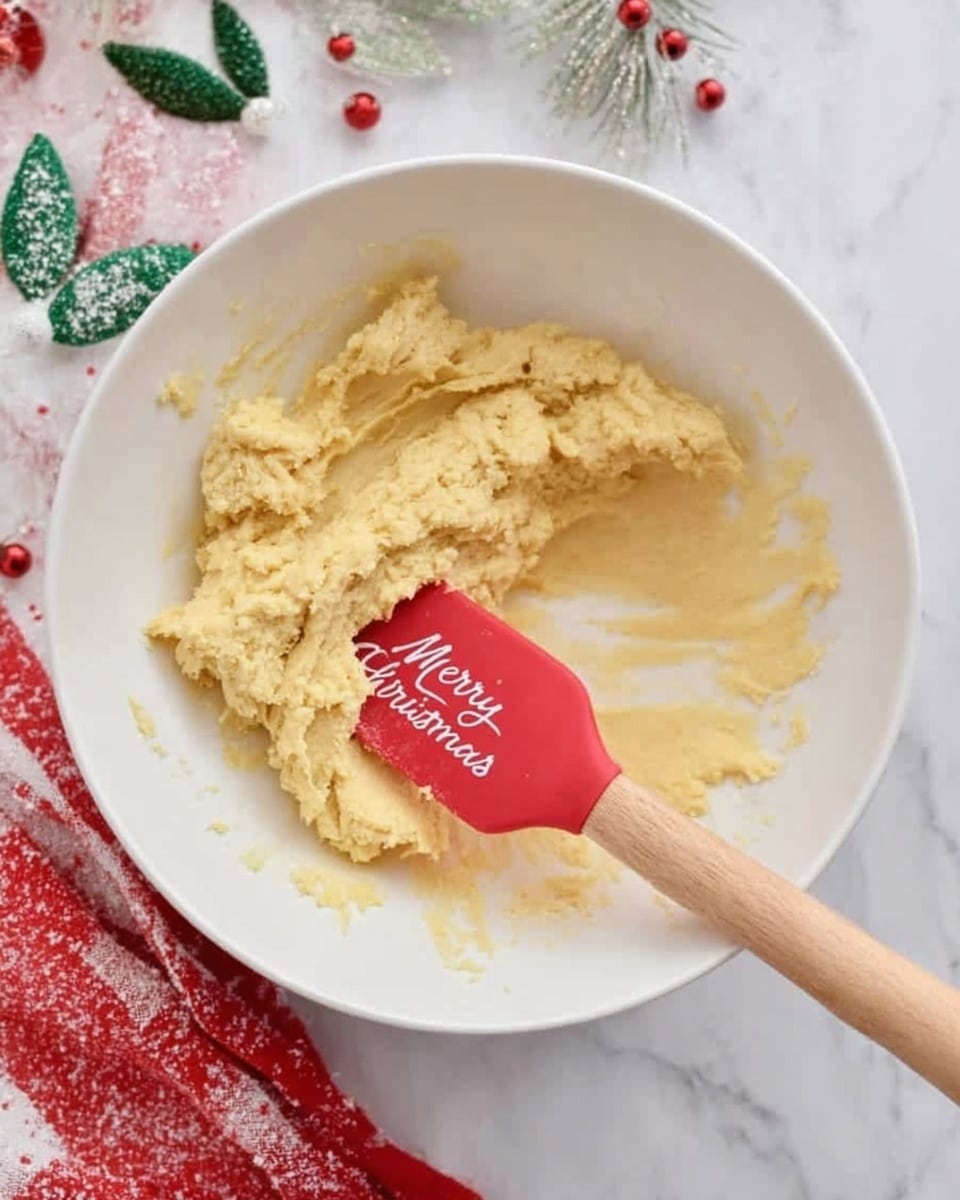 A white bowl with a thick, pale yellow dough inside, spread flat with some clumps on one side. A red spatula with a wooden handle is resting in the bowl, partially covered with the dough and has the words