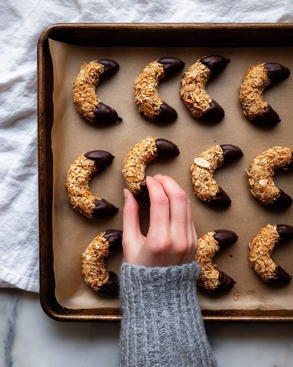 The image shows a baking tray lined with brown parchment paper holding twelve crescent-shaped cookies. Each cookie has a rough, golden-brown texture from almond slices covering the entire surface, except for the two tips which are dipped in dark chocolate, creating a smooth, shiny contrast. A woman's hand wearing a grey knitted sleeve is gently picking up one cookie from the bottom row. The tray is placed on a white marbled texture surface. Photo taken with an iphone --ar 4:5 --v 7