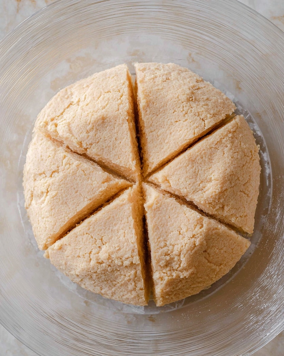 A round, light beige steamed cake with a rough, slightly cracked surface is placed in a clear, round glass plate with subtle radial patterns. The cake is divided into four equal triangular pieces by two deep cuts forming a cross on top. The background is a white marbled texture. photo taken with an iphone --ar 4:5 --v 7