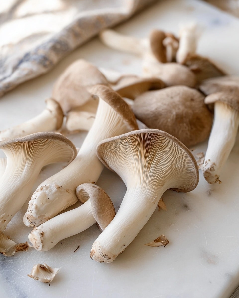 A collection of fresh oyster mushrooms spread unevenly on a white marbled surface, showing creamy white stems and soft light brown caps with smooth textures. The mushrooms vary in size and are placed in a casual, natural way with some small mushroom bits scattered around. The background has a slightly blurred white marbled texture and a hint of a cloth in the upper part. photo taken with an iphone --ar 4:5 --v 7