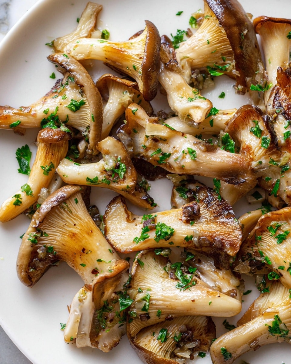 The image shows a white plate with cooked oyster mushrooms scattered on it. Each mushroom has a golden brown seared edge with a slightly shiny texture, showing they are cooked in oil or butter. Small green parsley pieces and tiny bits of garlic are scattered evenly on top of the mushrooms. The background is a white marbled surface. The focus is close up, showing the mushrooms’ delicate curved shapes and the mix of light tan and dark brown coloring on their caps and stems. photo taken with an iphone --ar 4:5 --v 7