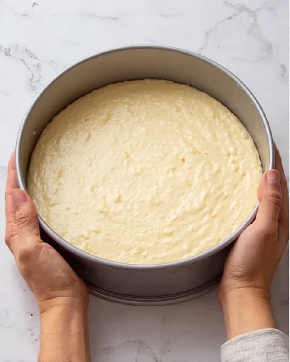 A gray round cake pan filled with a smooth, pale yellow batter, evenly spread to the edges and level on top, held gently by two woman's hands on each side. The surface is soft and creamy with slight texture from ingredients inside, placed on a white marbled surface. photo taken with an iphone --ar 4:5 --v 7