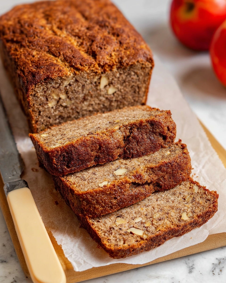 A loaf of brown bread with a textured, slightly cracked crust is partially sliced into four pieces that reveal a dense interior with visible lighter chunks, likely nuts, and darker specks. The slices are stacked loosely, overlapping each other on a light-colored wooden board lined with white parchment paper. A knife with a smooth beige handle lies beside the slices, its blade resting on the parchment. The background is a white marbled texture with two blurred red apples in the top right corner. photo taken with an iphone --ar 4:5 --v 7