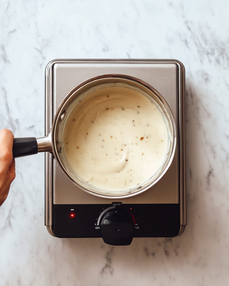 A metal saucepan with light creamy batter inside showing some small bits of spices, sitting on a silver hot plate with two small indicator lights and a black control knob; a woman's hand is holding the saucepan handle from the lower left corner, all placed on a white marbled surface. photo taken with an iphone --ar 4:5 --v 7