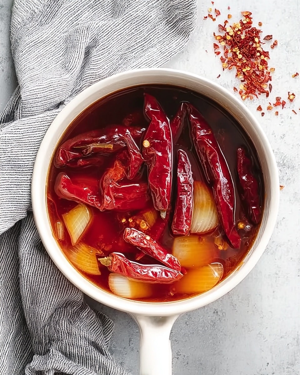 The image shows a white saucepan filled with a dark red liquid and several large pieces of dry red chili peppers and translucent onion chunks floating on top. The chilies are long, wrinkled, and deep red, creating a strong contrast against the softer pale orange slices of onion. The saucepan handle is visible at the bottom, resting on a white marbled surface. On the upper left side, a gray and white striped cloth is partially visible, and some crushed red chili pieces are scattered on the marbled surface to the right. photo taken with an iphone --ar 4:5 --v 7
