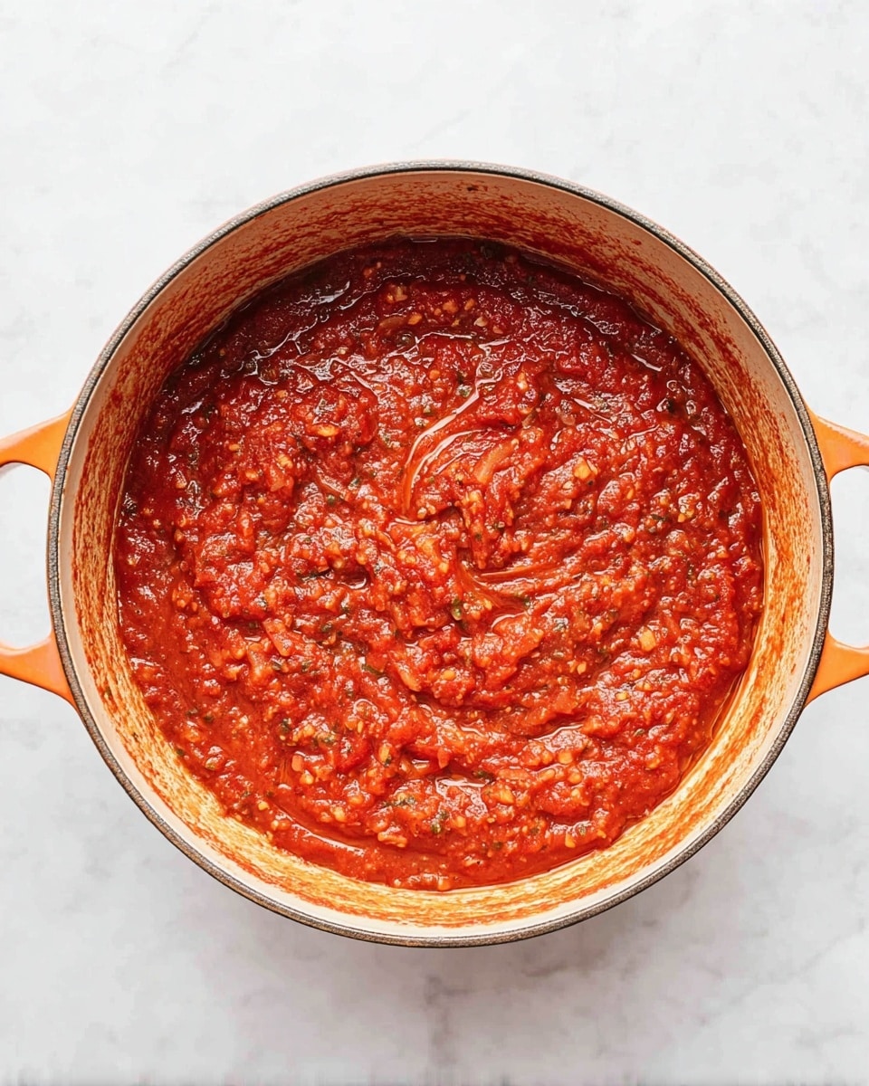 A large round orange pot filled with thick red tomato sauce that has a chunky texture with small bits of tomato, onion, and herbs visible throughout. The sauce layers are uneven, showing some shiny oily spots and a swirl pattern in the middle. The inside edge of the pot is lined with sauce residue, emphasizing the thick, hearty consistency. The pot sits on a smooth white marbled surface, providing a clean, bright contrast to the rich sauce inside. photo taken with an iphone --ar 4:5 --v 7