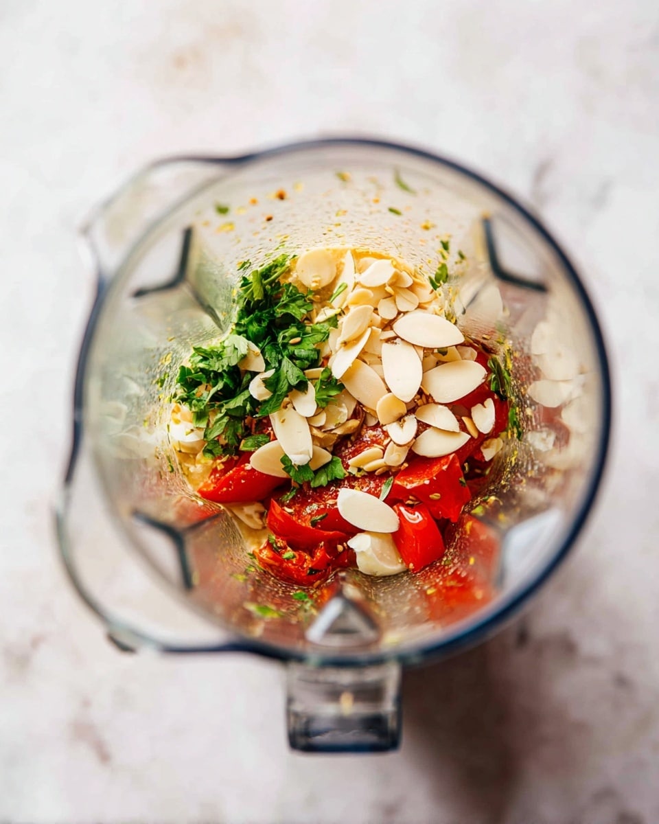 Inside a clear blender jar on a white marbled surface, there are four layers of ingredients: at the bottom, bright red roasted peppers with a soft texture; a drizzle of golden oil above them creating shine; white creamy garlic cloves scattered on top; and fresh green parsley leaves mixed with thin, light beige almond slices covering the upper layer. The image is shot from above with natural light, showing all details clearly photo taken with an iphone --ar 4:5 --v 7