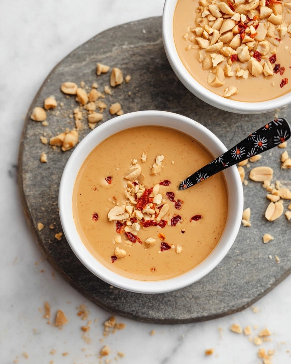 A white bowl filled with a smooth, creamy light brown peanut sauce topped with small pieces of chopped peanuts and red chili flakes in the center. A black spoon with a floral pattern is placed inside the bowl on the right side, resting in the sauce. Above it, a second white bowl is filled with roughly chopped peanuts. Both bowls sit on a round, gray stone surface with a textured pattern that blends into a white marbled background. Small scattered pieces of peanuts and chili flakes are visible near the bowls. photo taken with an iphone --ar 4:5 --v 7