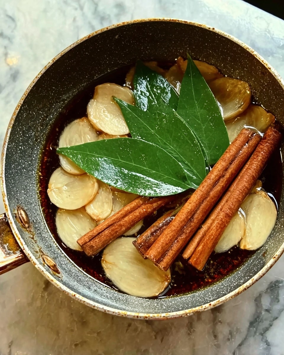 The image shows a small pan with three layers visible; on the bottom is a shiny dark brown oily liquid, above it are thin slices of pale beige garlic spread evenly across the cooking surface, and on top are several large cinnamon sticks and two green leaves arranged loosely together, all placed on a white marbled texture. Photo taken with an iphone --ar 4:5 --v 7