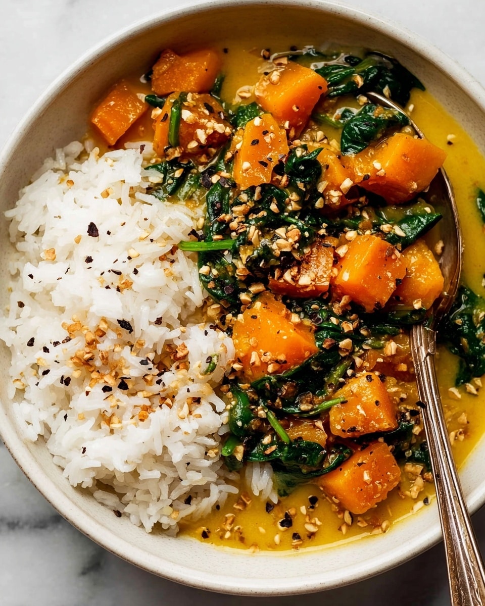 The image shows a bowl with two main parts: on the left side, there is white rice with small black pepper flakes sprinkled on top, and on the right side, there is a stew made of bright orange soft pumpkin chunks mixed with dark green spinach leaves in a light yellow sauce. The stew is topped with crushed nuts or seeds, adding texture. A spoon rests inside the bowl on the right side, partially immersed in the sauce. The bowl is white and placed on a white marbled surface. photo taken with an iphone --ar 4:5 --v 7