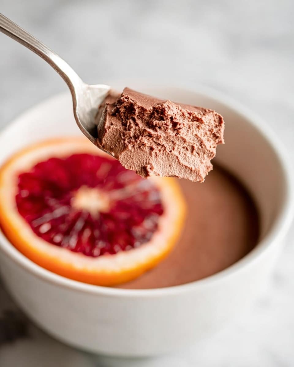 A close-up image shows a spoon holding a fluffy, light brown chocolate mousse with a soft, airy texture. The spoon is above a white bowl filled with the same mousse, which is partially visible and topped with a thin slice of bright red and orange blood orange, adding a pop of color. The bowl sits on a white marbled surface, creating a clean and elegant background. The focus is on the mousse's texture and the contrast between the dark mousse and the vibrant blood orange slice. Photo taken with an iphone --ar 4:5 --v 7